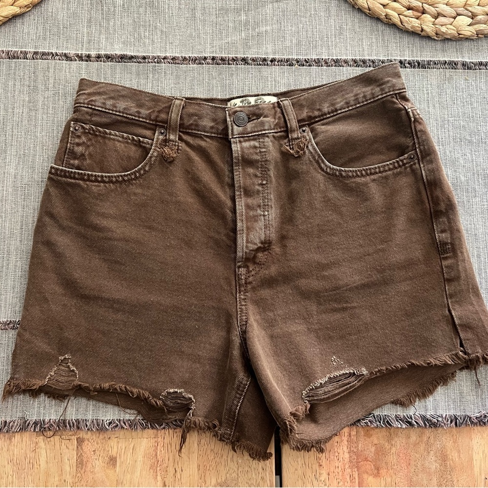 We The Free Brown Jean Shorts with Frayed Hem